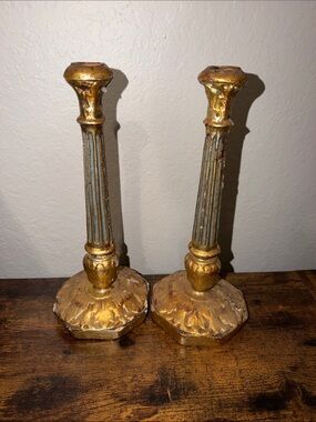 Vintage Pair of French Empire Gilt Bronze Candle Sticks Borghese Italy Gold